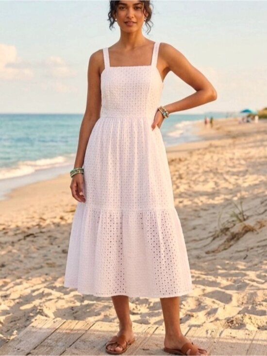 Vince Camuto Dresses & Skirts - Vince Camuto Eyelet Sundress White Cotton Classic Square Neck Dress Lined 16